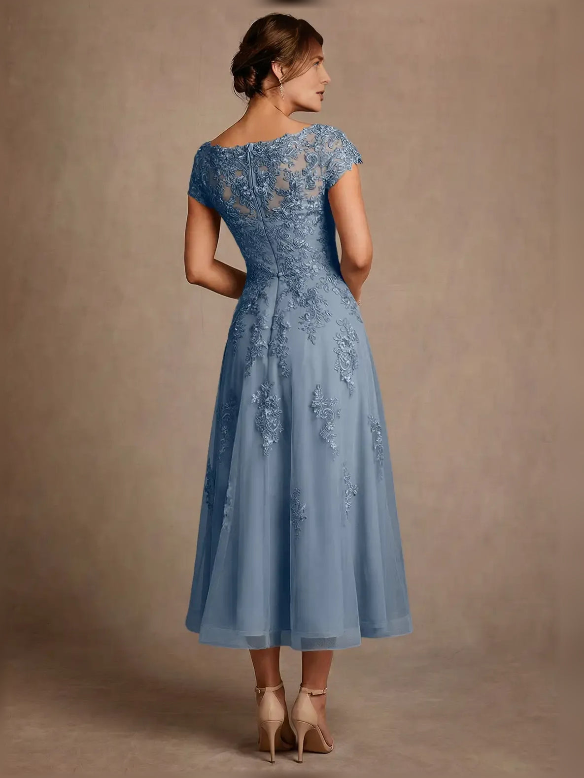 Embroidered illusion-neck A-line midi dress in slate blue, back view with cap sleeves
