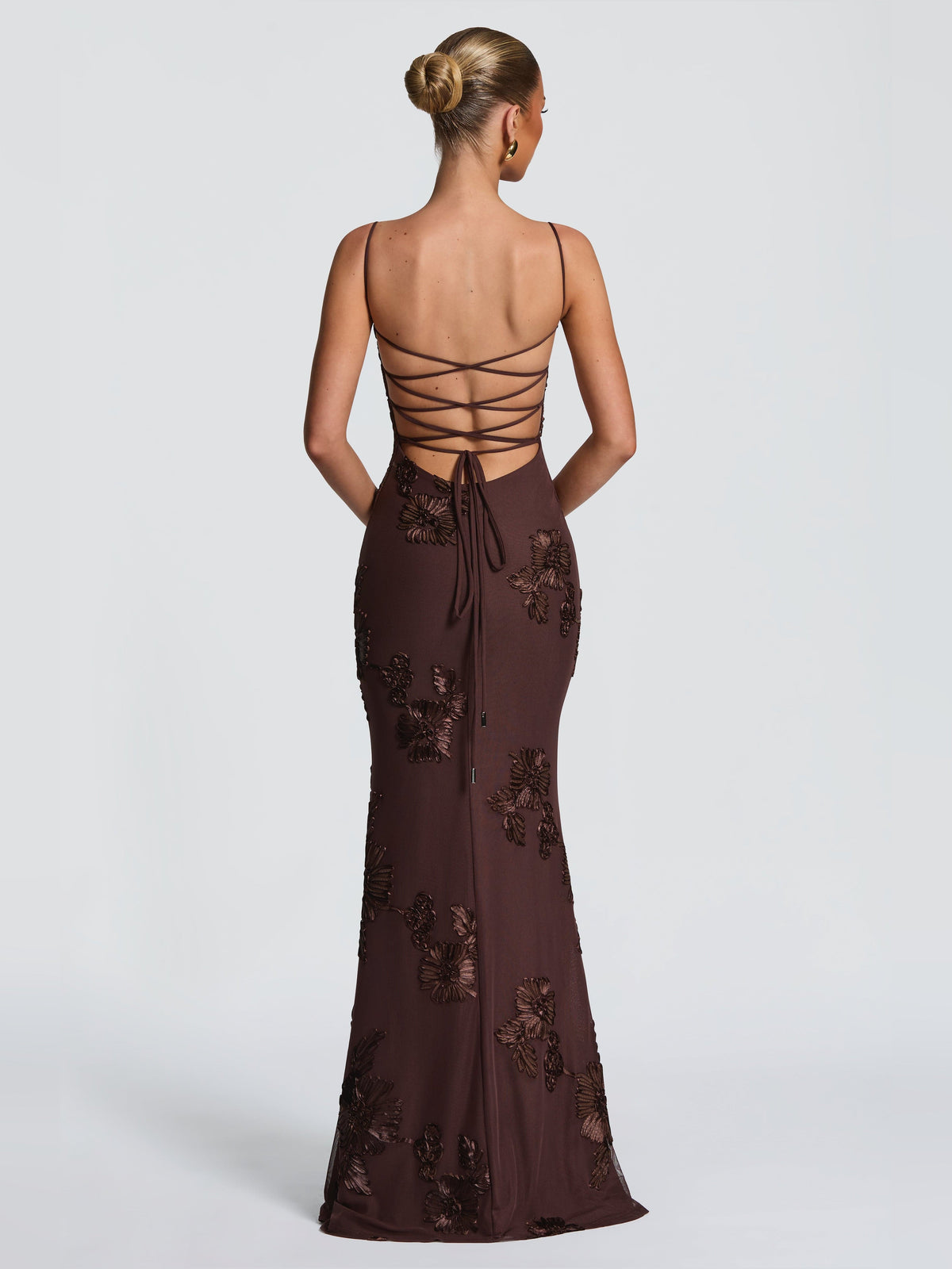 Brown mermaid maxi formal dress with floral appliqu¨¦, full-length back view