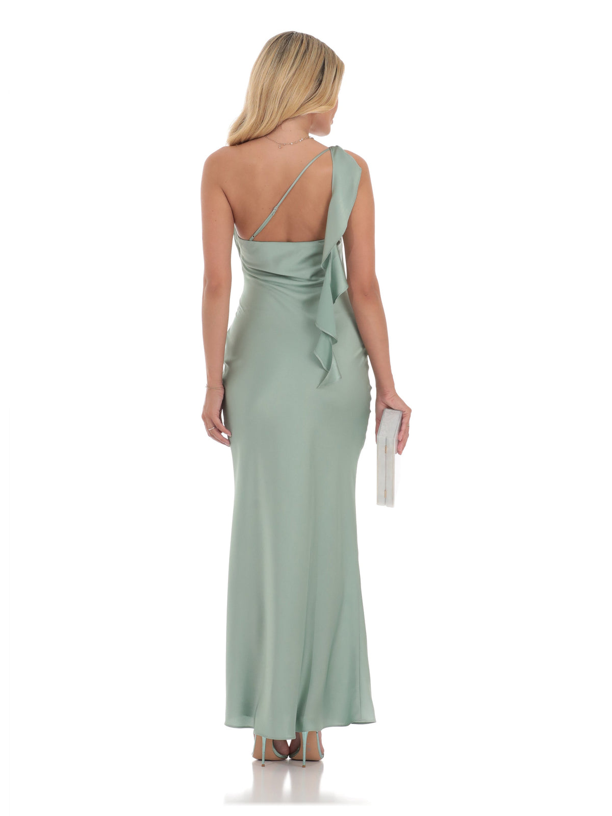 Sage bridesmaid dress with one shoulder neckline