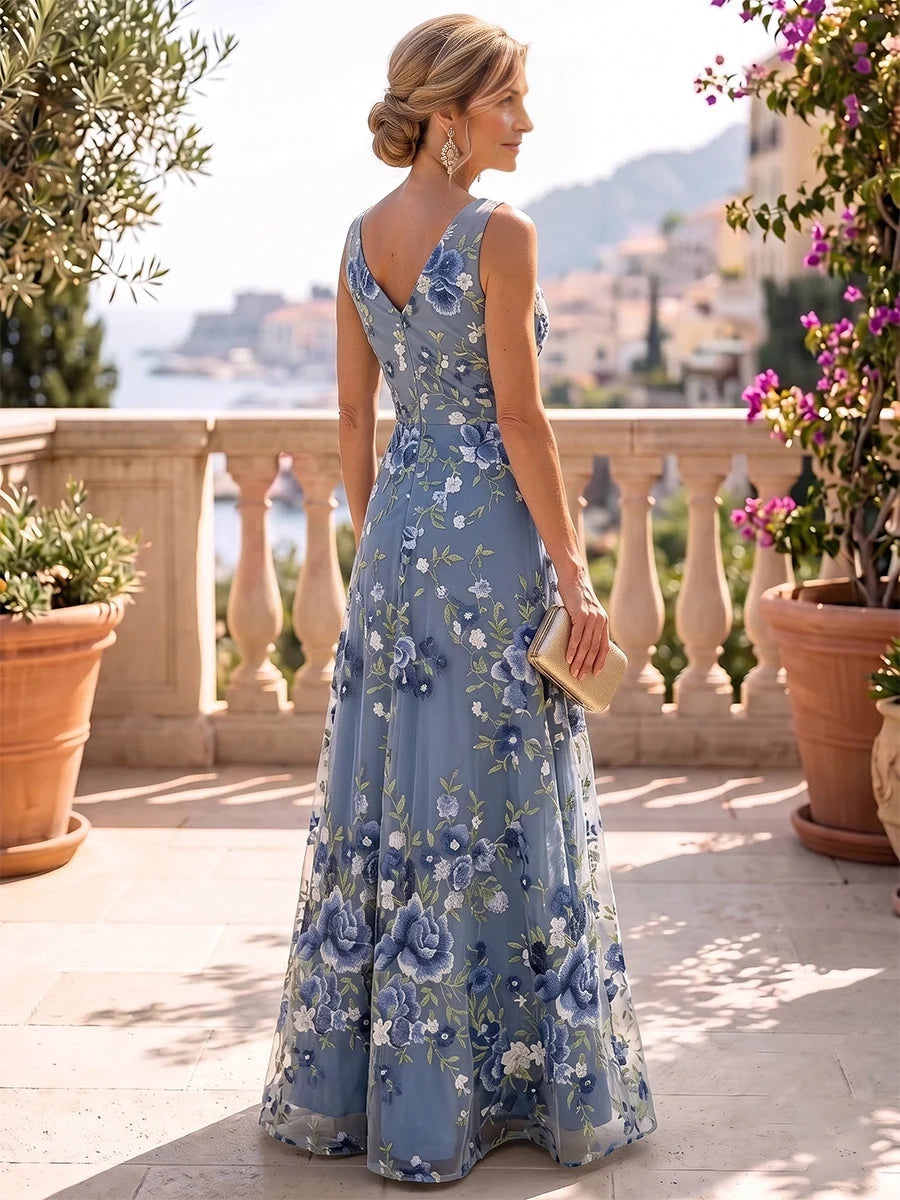 Dusty blue floral embroidered V-neck A-line tulle dress, sleeveless, side view