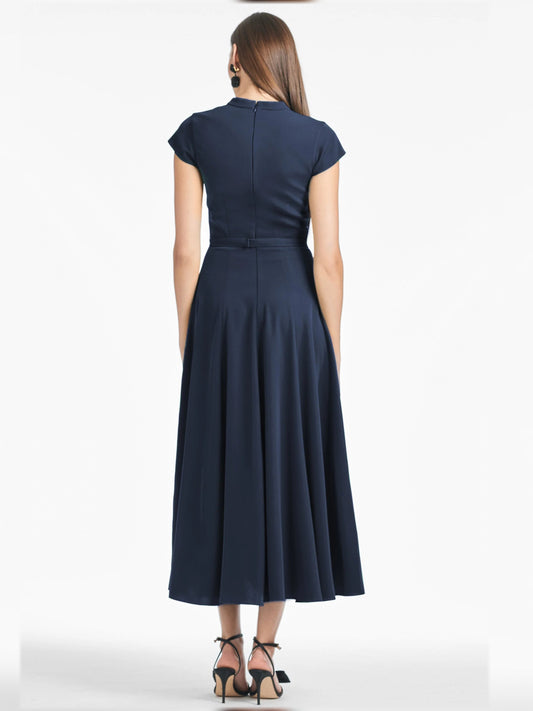 Navy draped V-neck fit-and-flare short crepe dress, back view