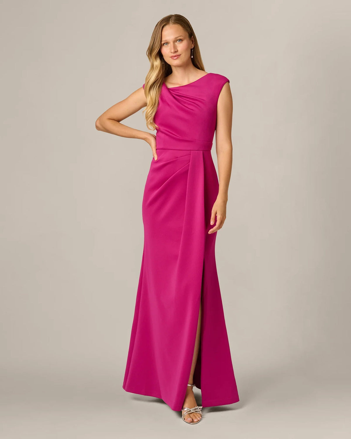 Hot orchid satin mermaid maxi dress with spaghetti straps and front slit, fitted bodice