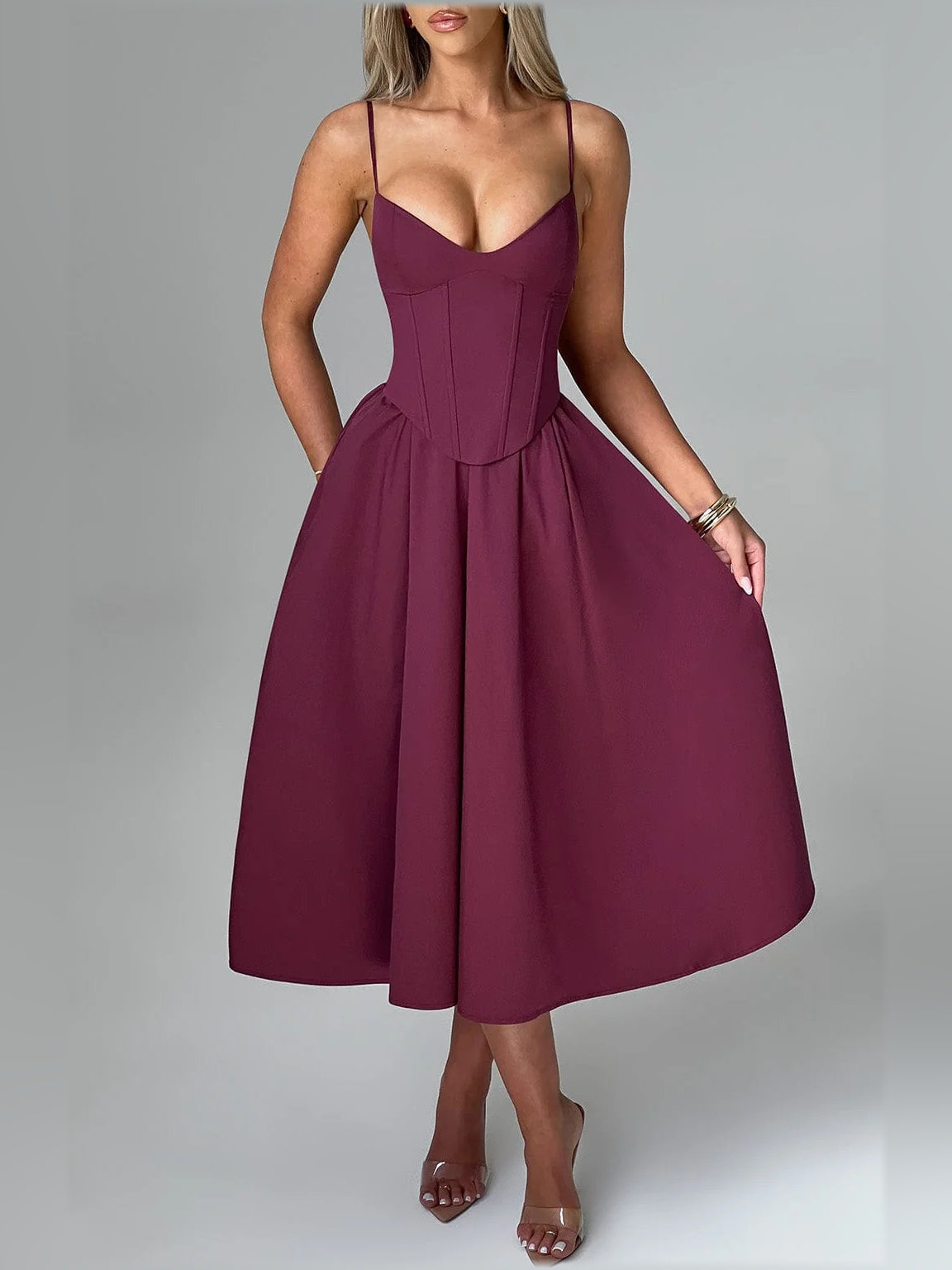 Cherry midi formal dress with spaghetti straps, sweetheart neckline, boned bodice, full pleated skirt