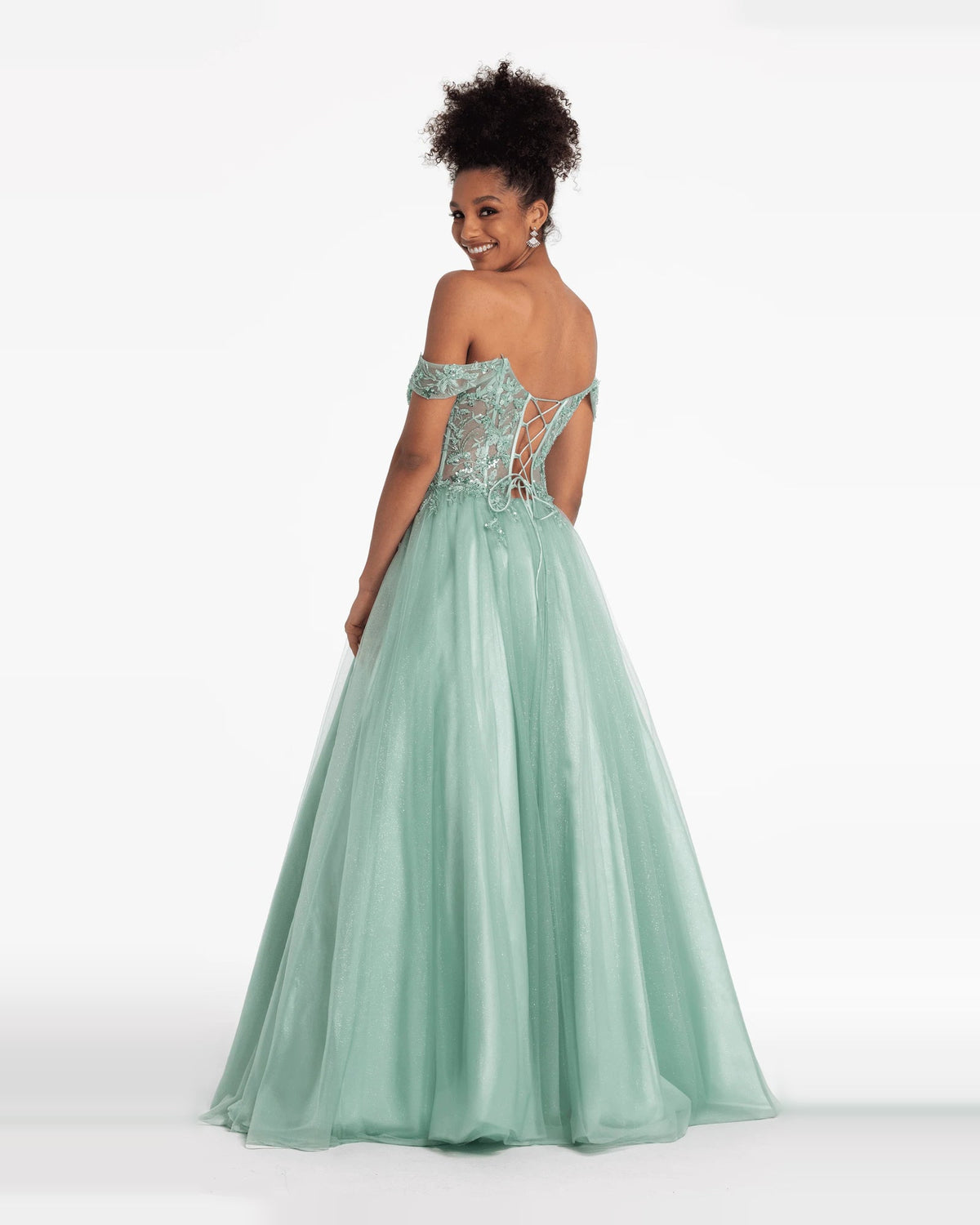 Sage green corset ball gown with off-shoulder sweetheart neckline and open back
