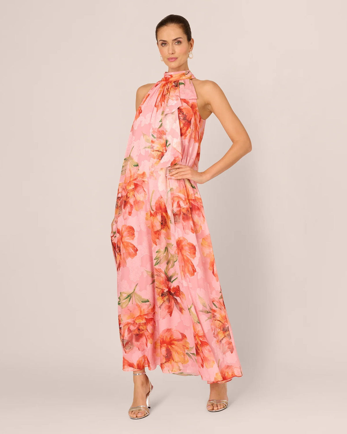 Pink floral print halter neck sleeveless maxi dress with A-line silhouette
