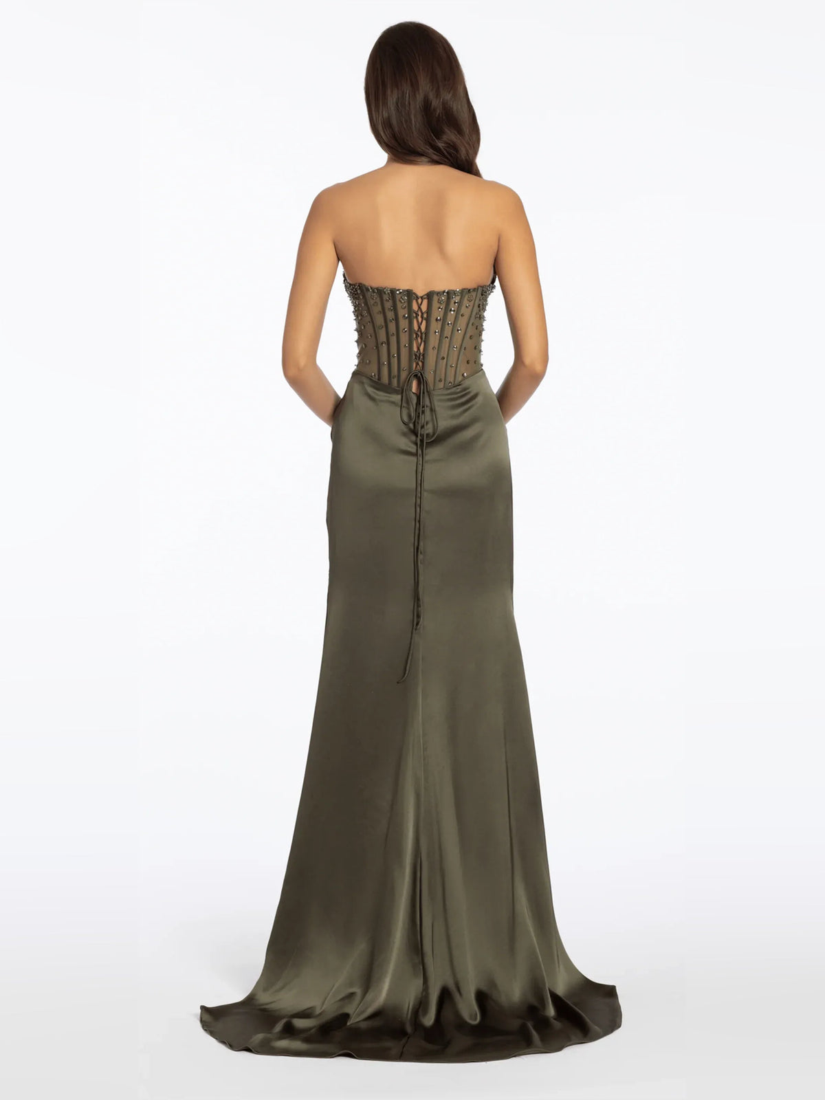 Olive green strapless mermaid formal dress, lace-up corset back and long train