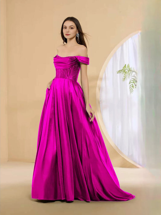 Off-shoulder corset formal dress in fuchsia with pleated floor-length skirt