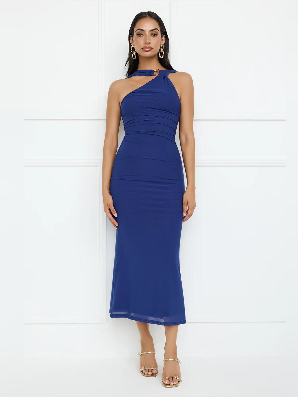 Blue one-shoulder mesh midi dress with draped ruching and slim fitted skirt