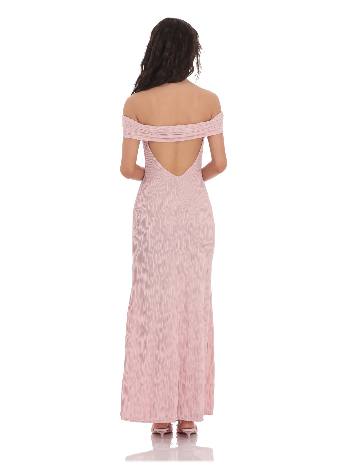Blush Pink bridesmaid dress with off shoulder neckline