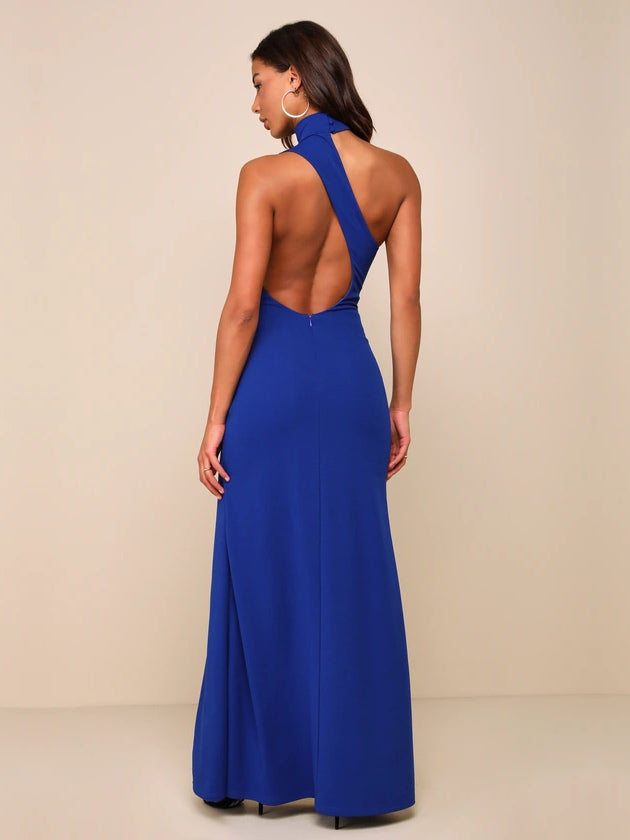Blue sheath maxi formal dress with cutout detail, full-length back view