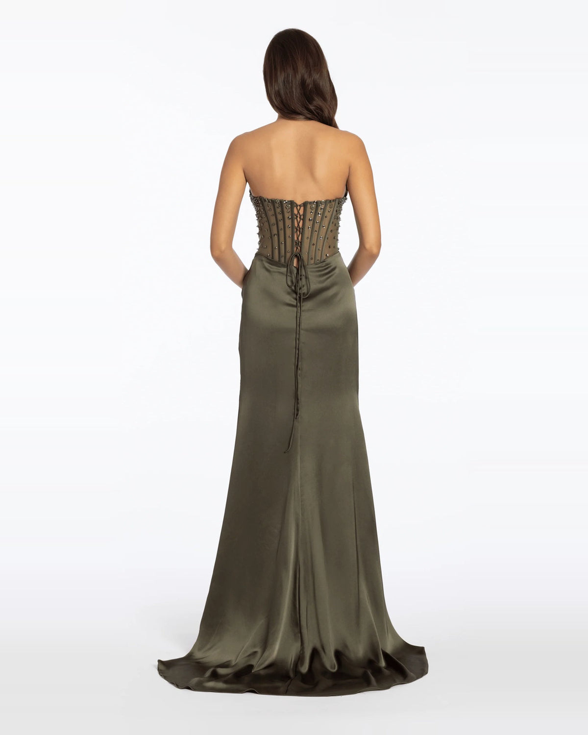 Back view of dark green strapless maxi corset dress with center lacing detail