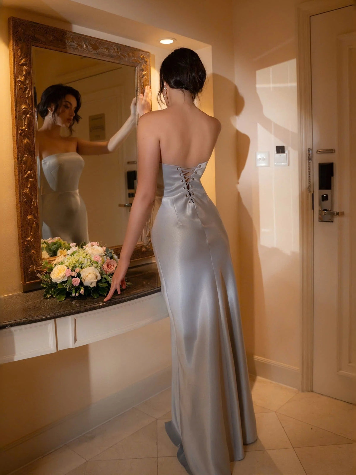 Ivory white strapless satin mermaid prom dress with corset-style lace-up back