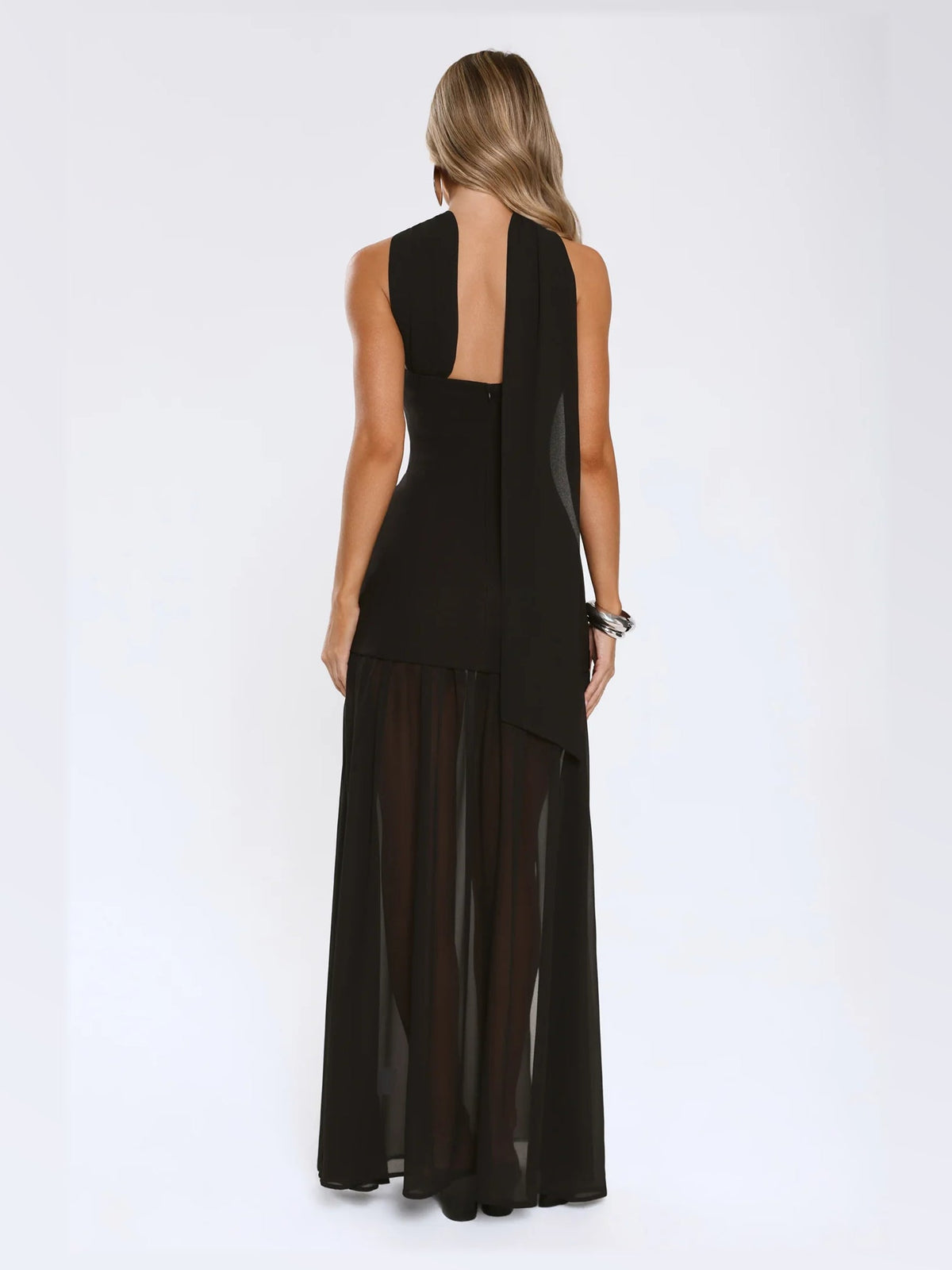 Black maxi formal dress, back full-length view showing the bodice