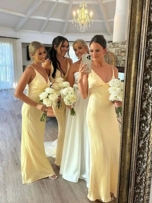 Yellow satin v-neck mermaid floor-length dress with thigh-high slit and straps