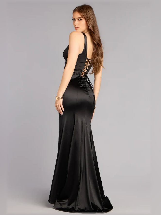 Black V-neck satin gown with lace-up back detail and high backless cut