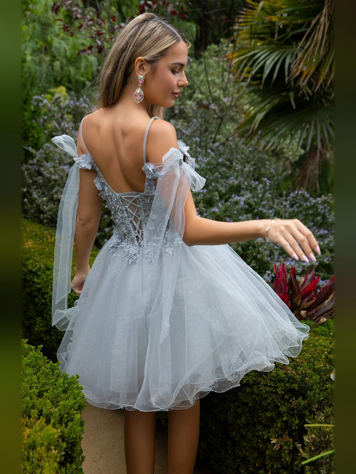 Mist blue A-line tulle homecoming dress with bow sleeves and lace-up back