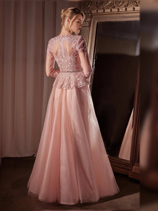 Rose gold glitter V-neck A-line tulle dress, scalloped lace hem, back view