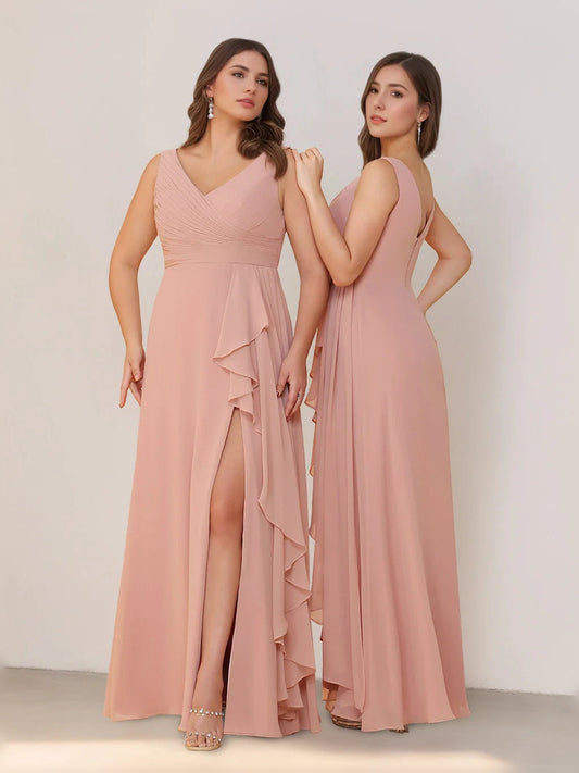 Pink sleeveless V-neck maxi chiffon dress with layered draped ruffles