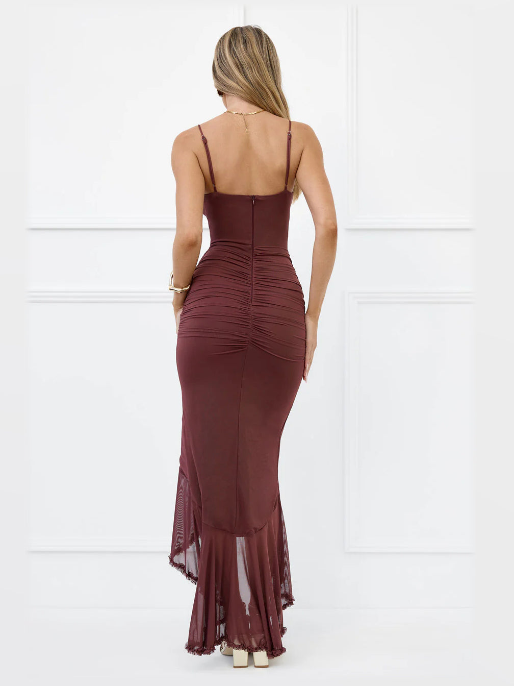 Brown maxi formal dress, back full-length view showing the bodice
