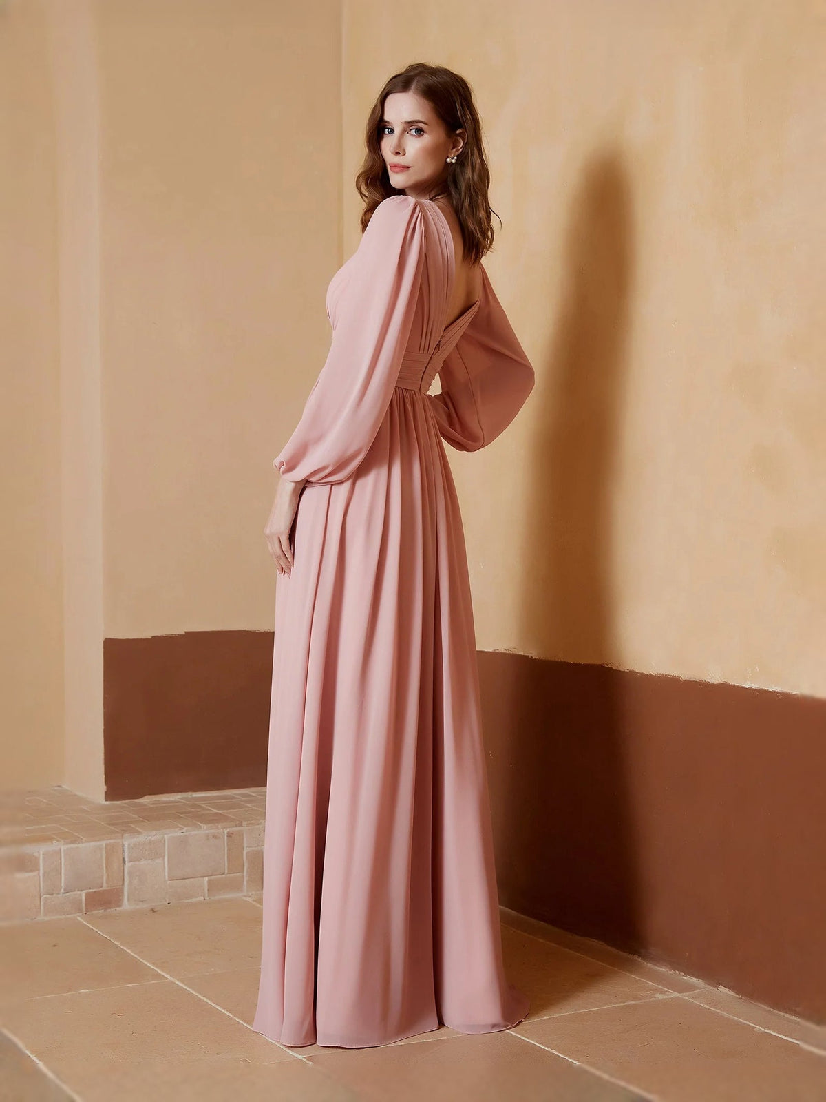Dusty rose chiffon A-line maxi dress, V-neck gathered waist, elbow puff sleeves