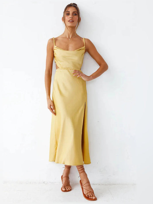 Yellow spaghetti-strap midi dress with square neckline, fitted bodice, side slit