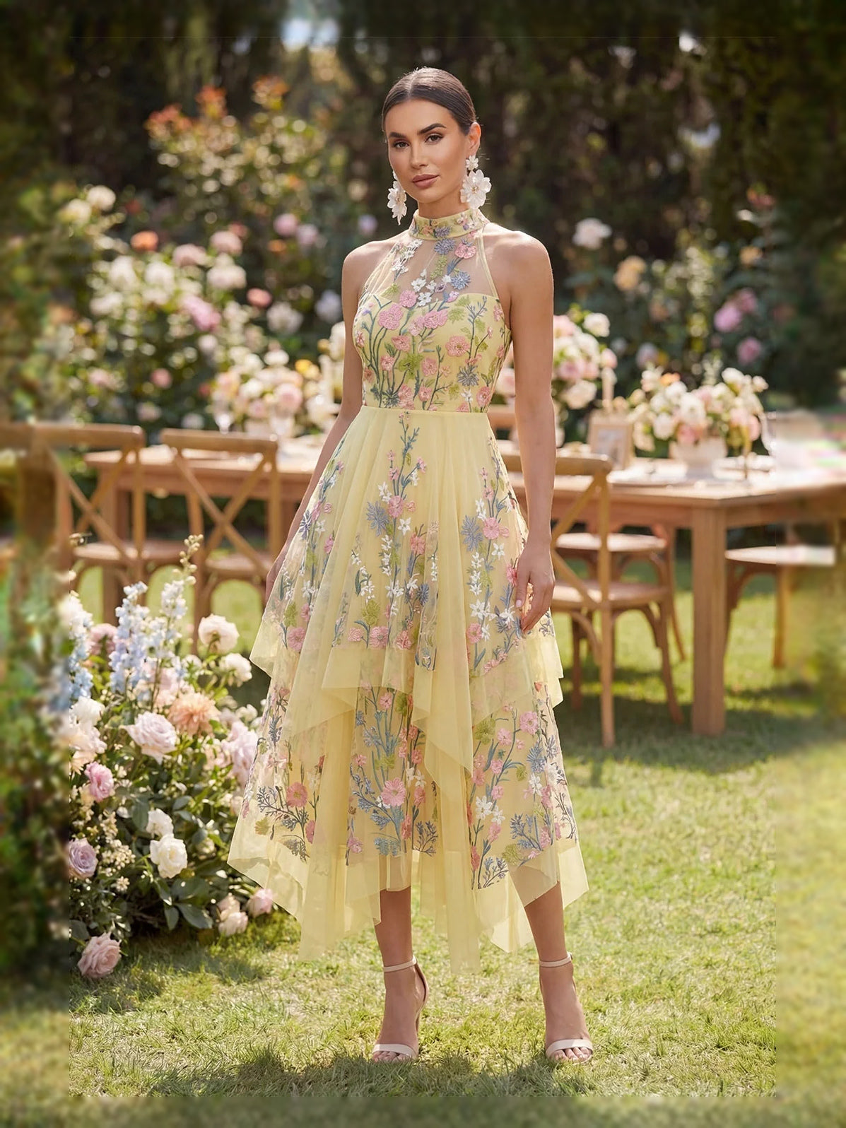 Yellow A-line midi prom dress with halter neckline and embroidered floral tulle skirt