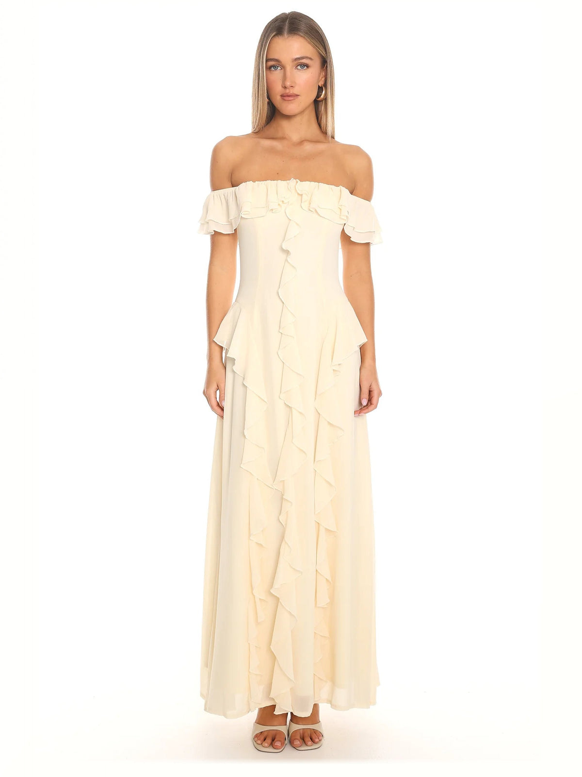 Butter formal dress with off shoulder neckline