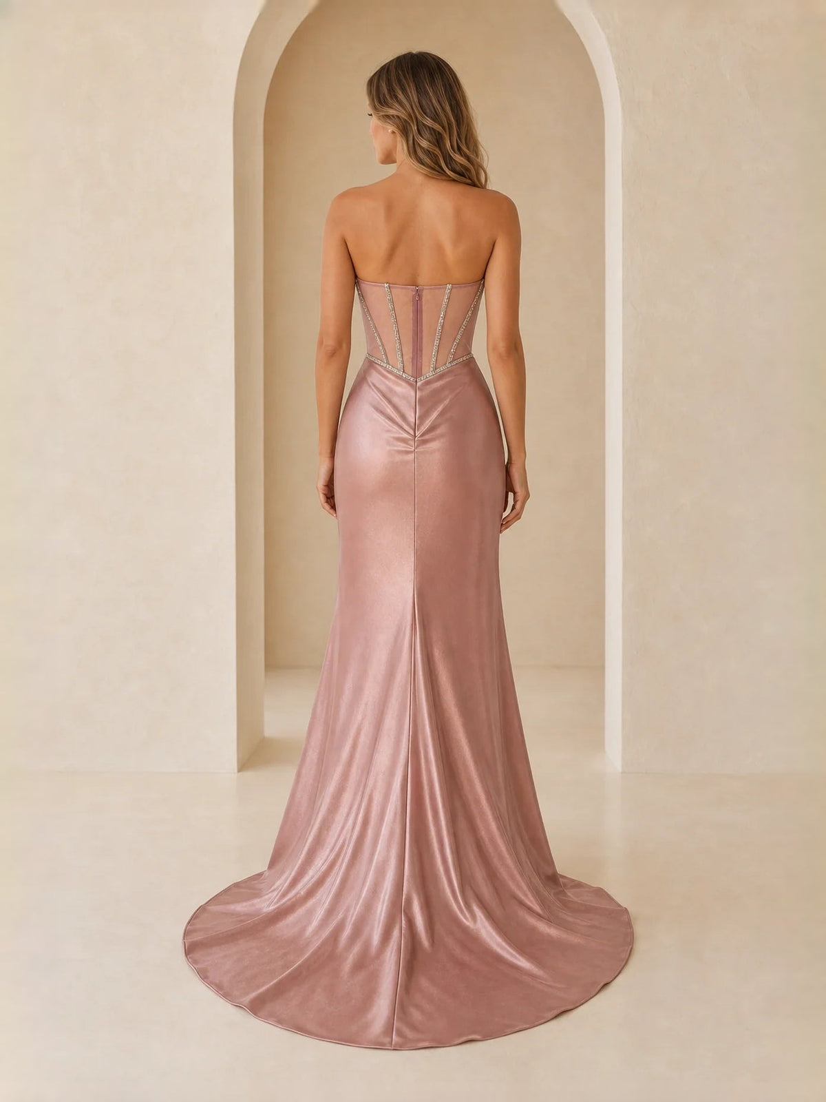 Dusty pink satin mermaid prom dress, draped back with corset boning detail