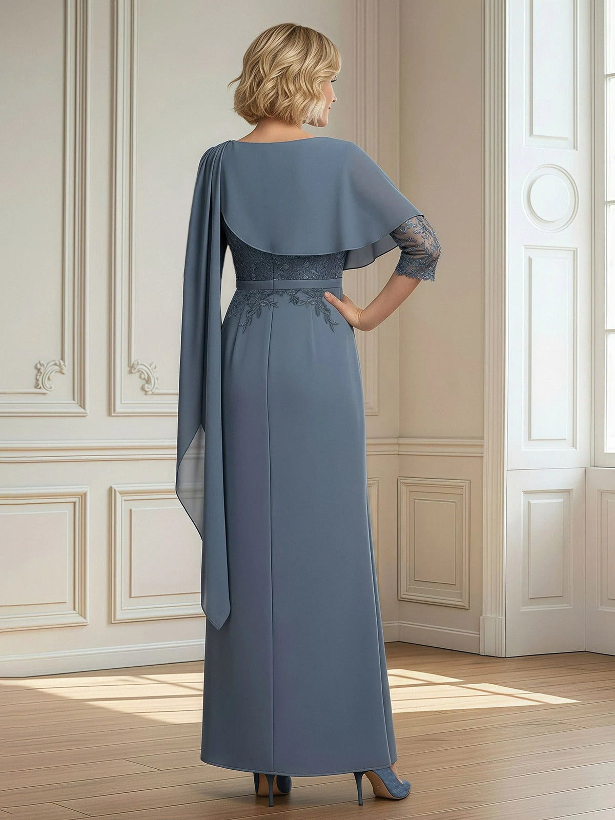 Slate blue sheath dress with chiffon cape back, lace sleeves, side slit