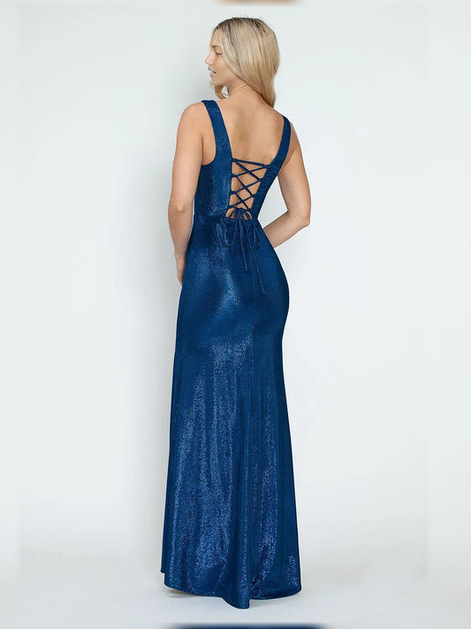 Dark blue floor-length dress with crisscross back cutout and front slit