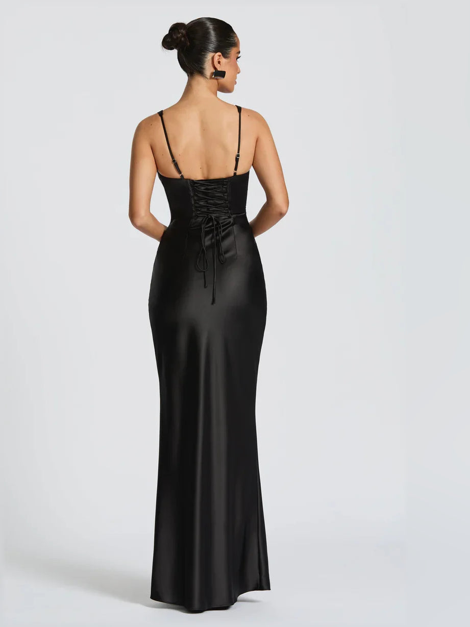 Black v-neck corset mermaid formal dress with back straps and floor-length hem