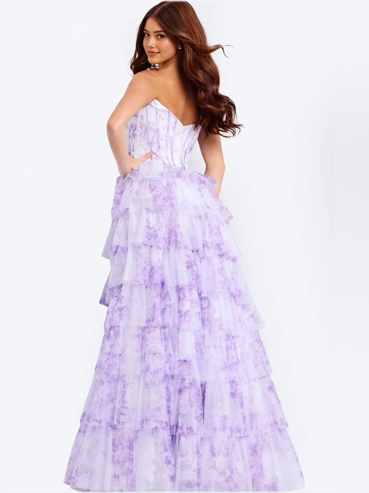 Lilac sweetheart corset A-line tulle prom dress with tiered ruffles, side view