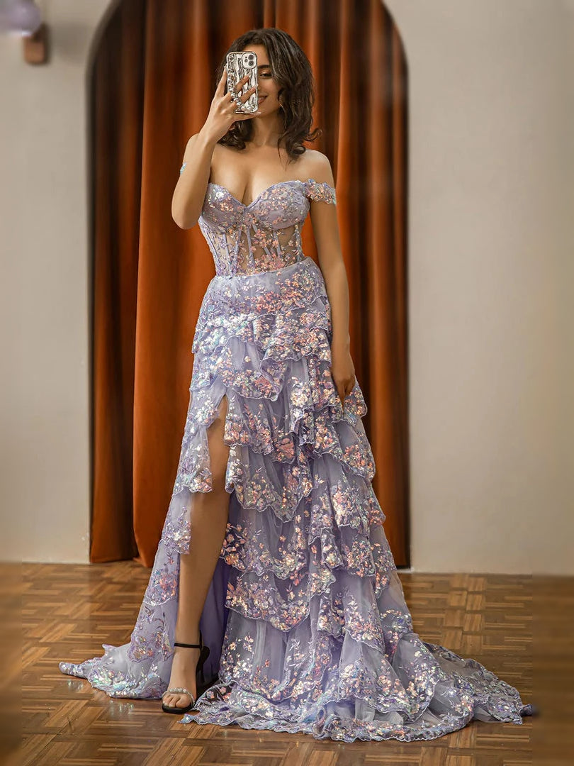Lilac floral off-shoulder corset prom dress with tiered ruffles and side slit, full skirt