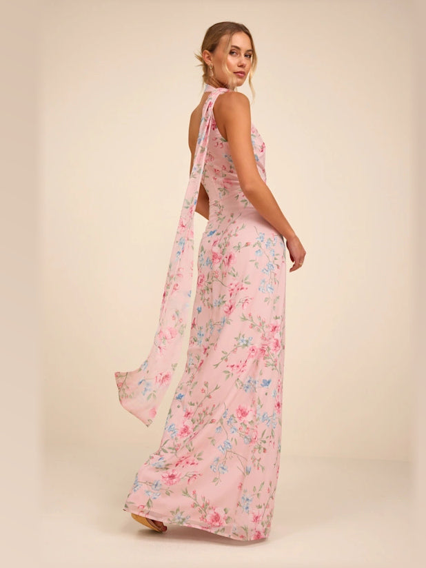 Light Pink Floral formal dress with one shoulder neckline