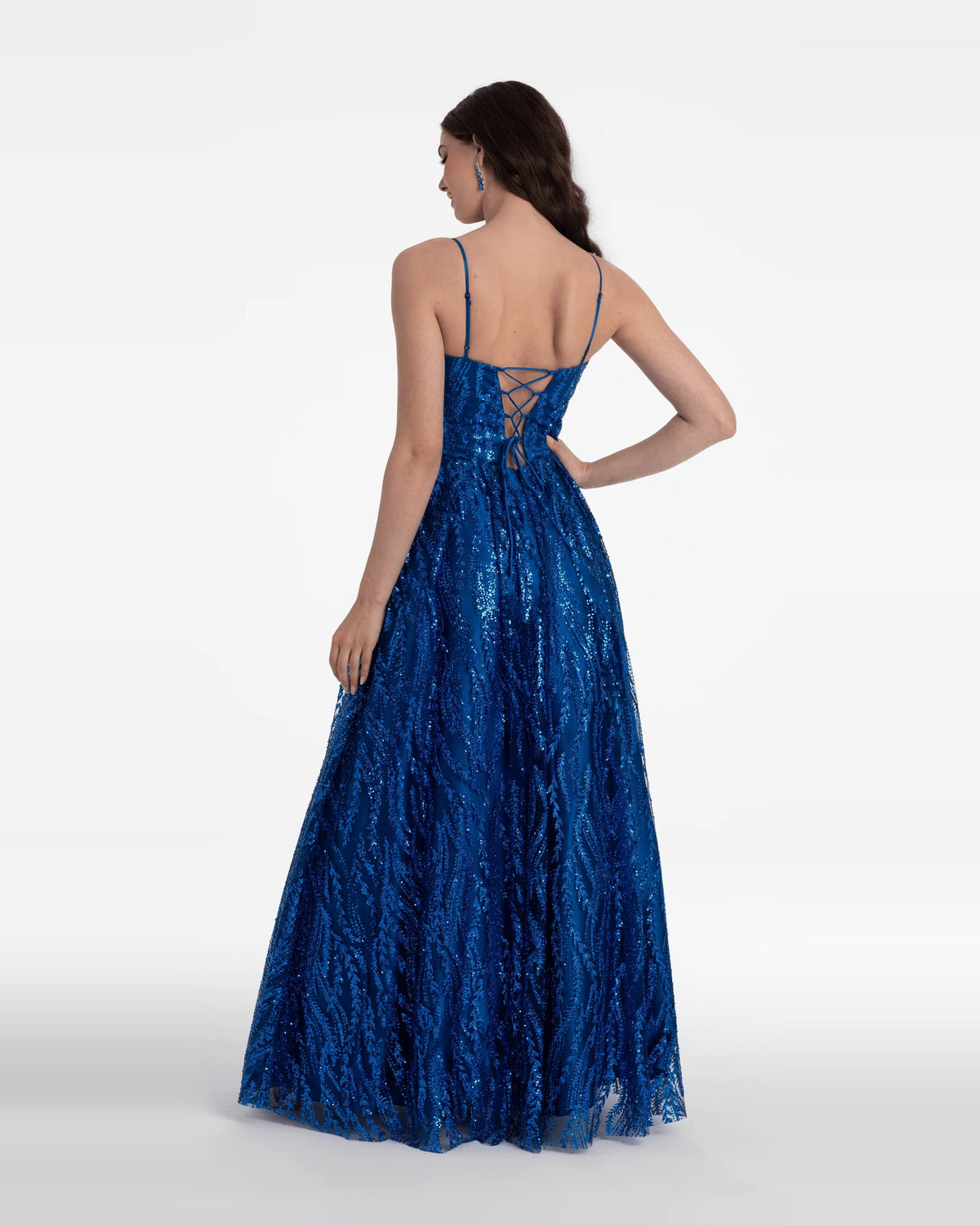 Blue sequin corset sweetheart ball gown with open back, spaghetti straps, pleated skirt