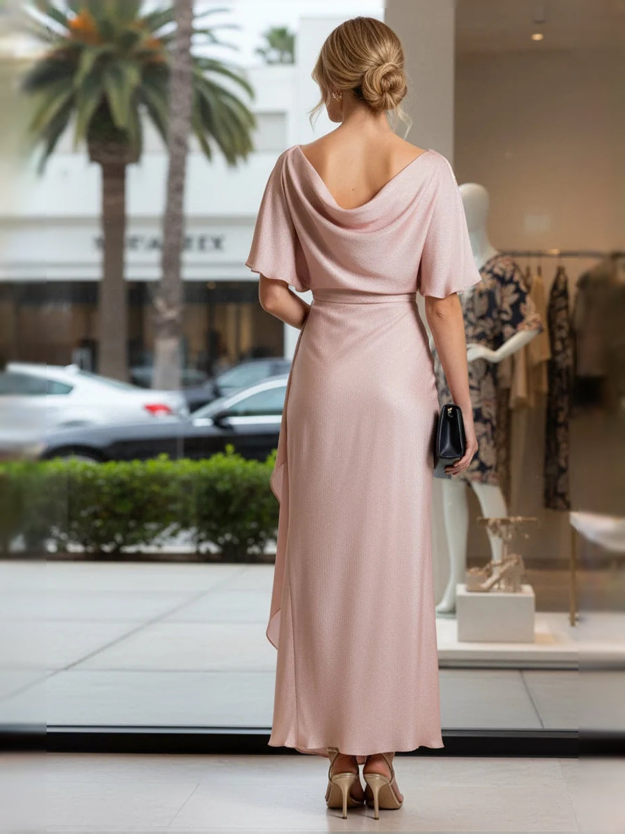 Champagne satin back midi dress with draped cowl neckline and short puff sleeves