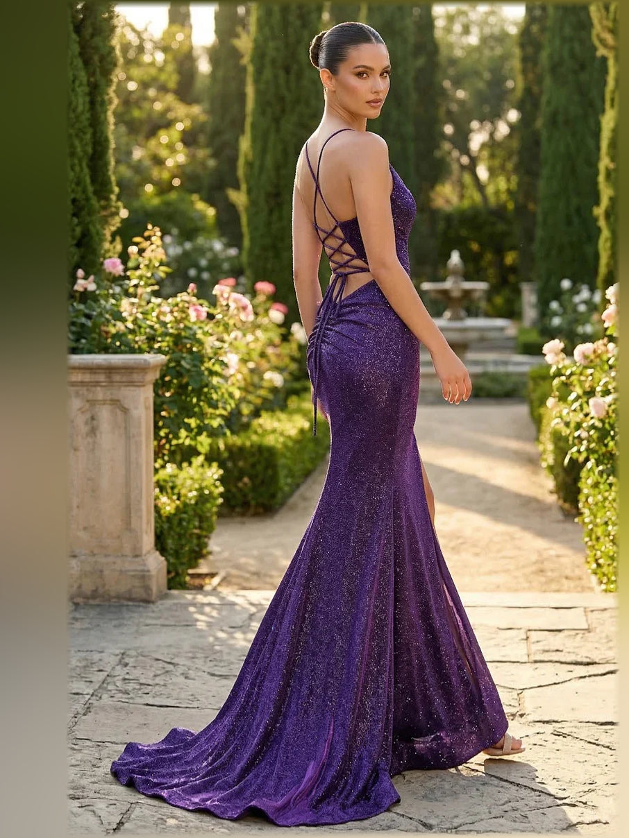 Purple sequin formal dress with cowl neckline, backless straps, floor-length flare hem