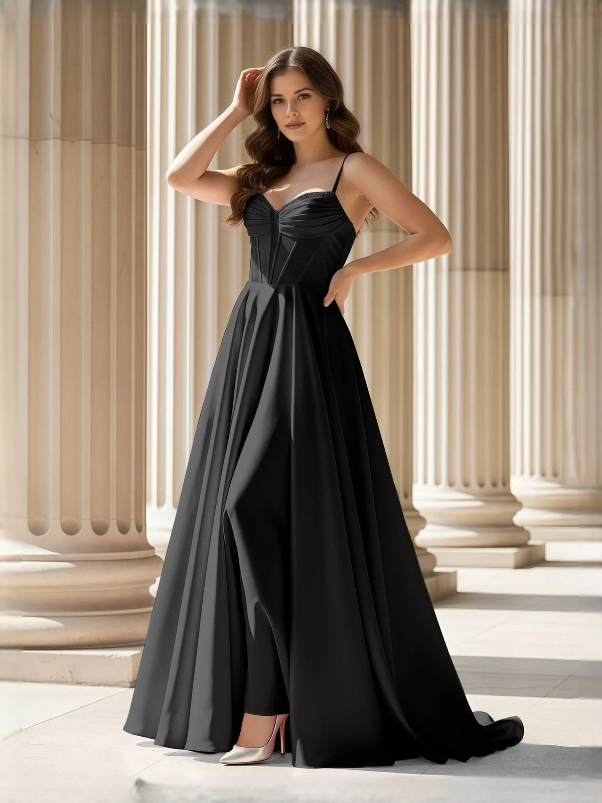 Black sweetheart corset A-line satin prom dress with thin straps, pleated floor-length skirt