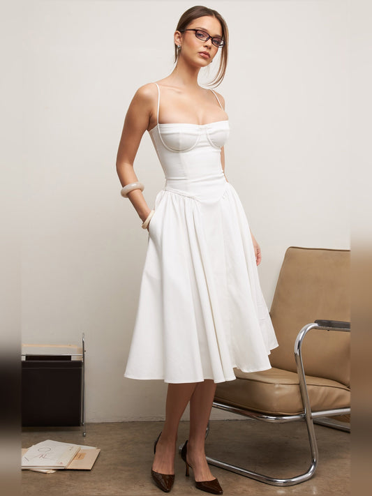 White midi formal dress with corset-style bodice, alternate view