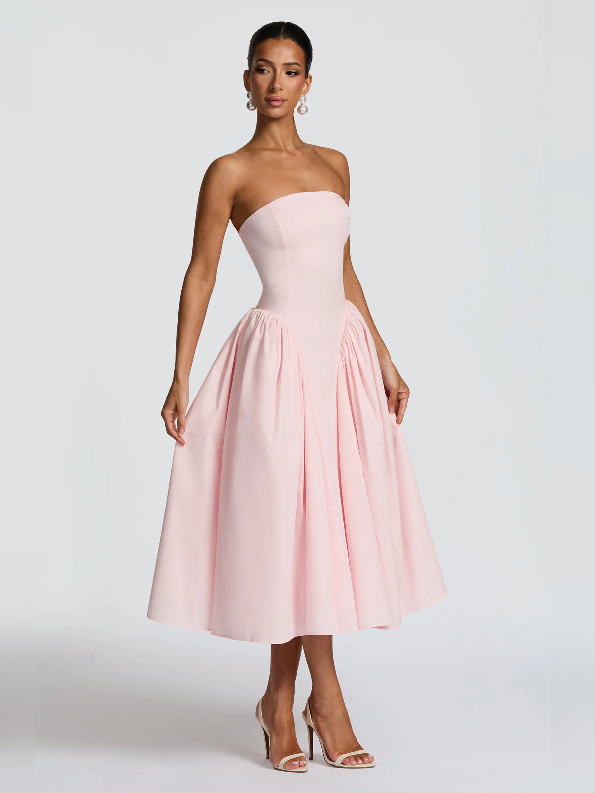 Blush strapless sweetheart midi formal dress with ruched bodice and pleated skirt