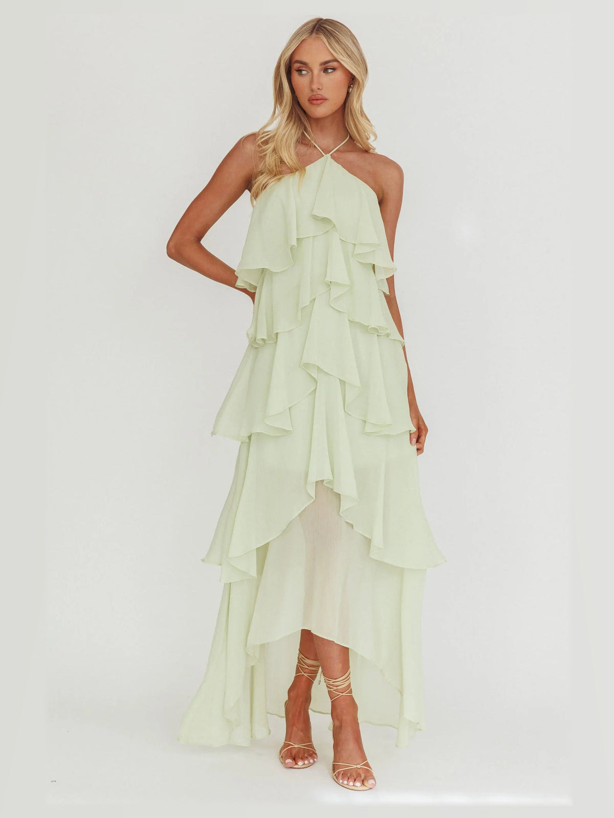 Sage formal dress with a-line silhouette