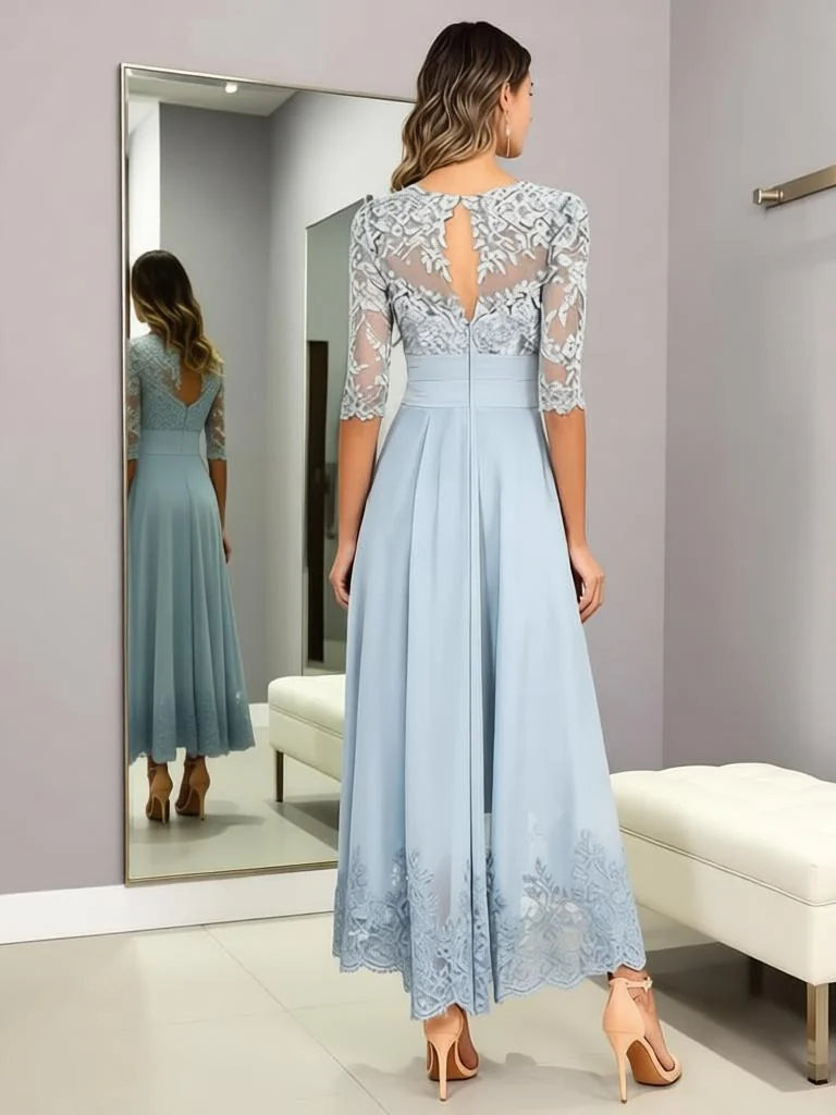 Dusty blue pleated chiffon A-line dress, back V lace overlay and three-quarter sleeves