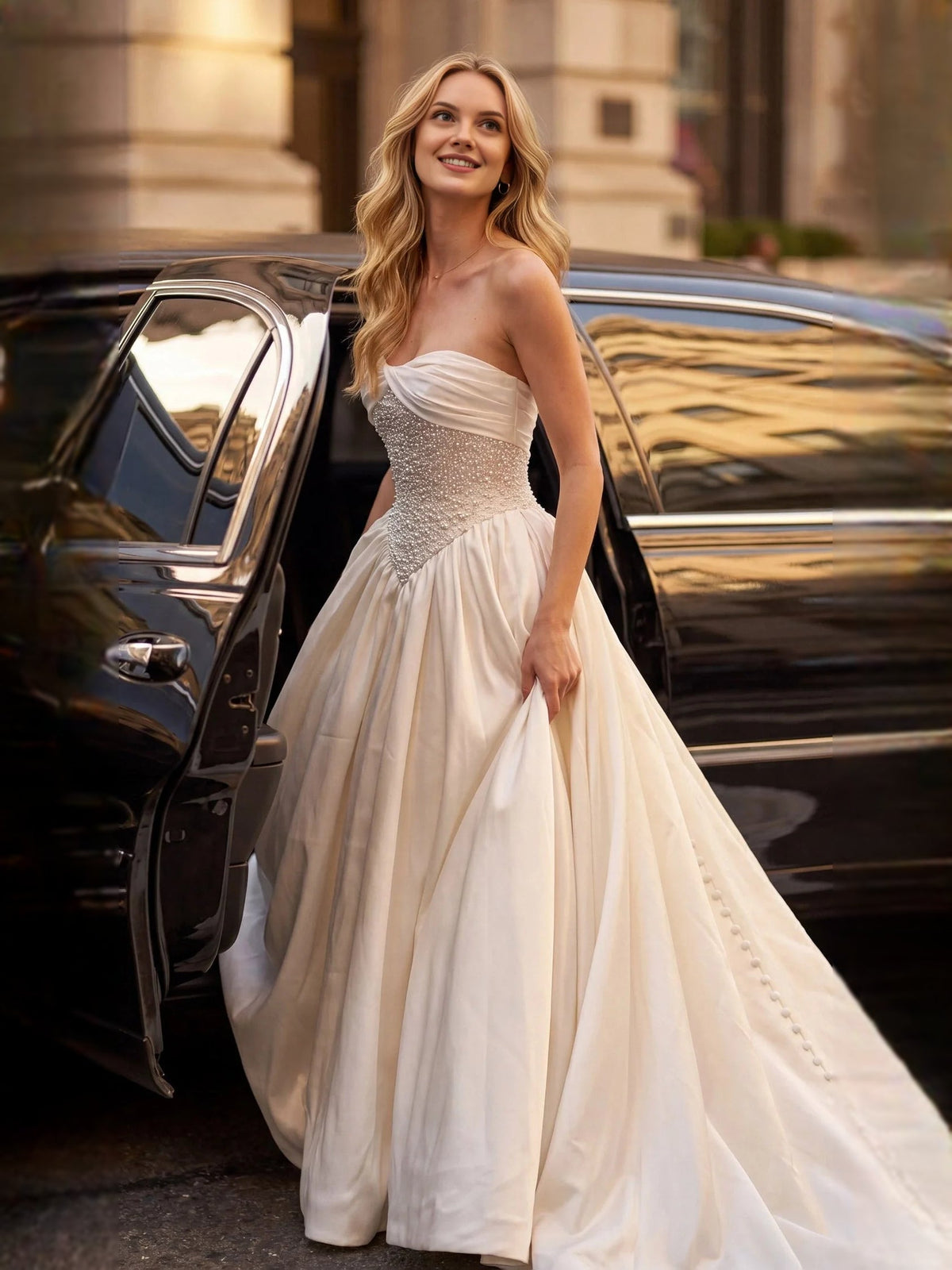 Ivory satin strapless wedding dress with textured beaded bodice and full A-line skirt
