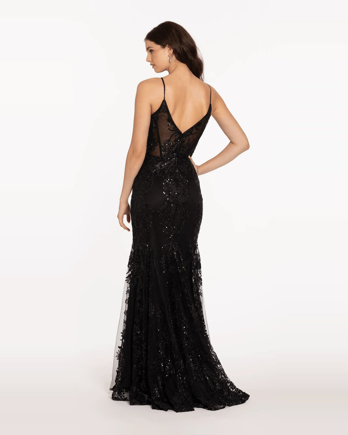 Black glitter mermaid prom dress with open back and spaghetti straps, full-length