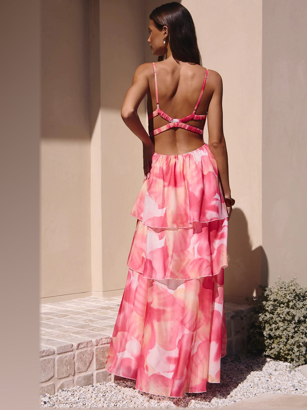 Pink Floral Print maxi formal dress, back full-length view showing the bodice