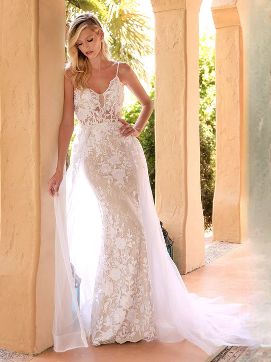 Ivory floral lace V-neck mermaid wedding dress with tulle train, angled front view