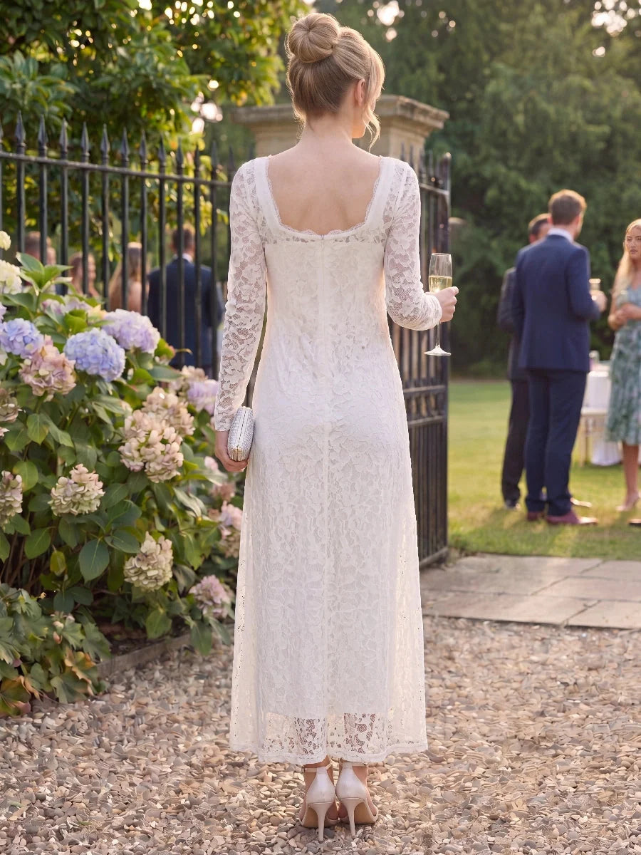 Ivory lace backless sheath midi dress with square back and long sleeves, floral overlay.