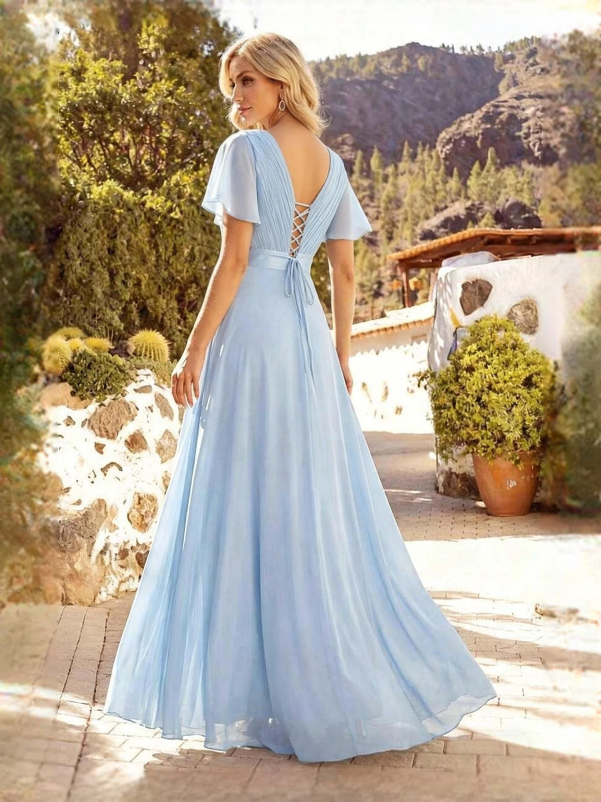 Light blue ruched corset V-neck A-line maxi dress with short flutter sleeves