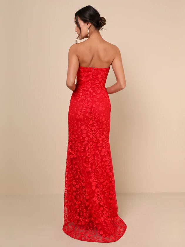 Red Floral mermaid maxi formal dress with floral print, full-length back view