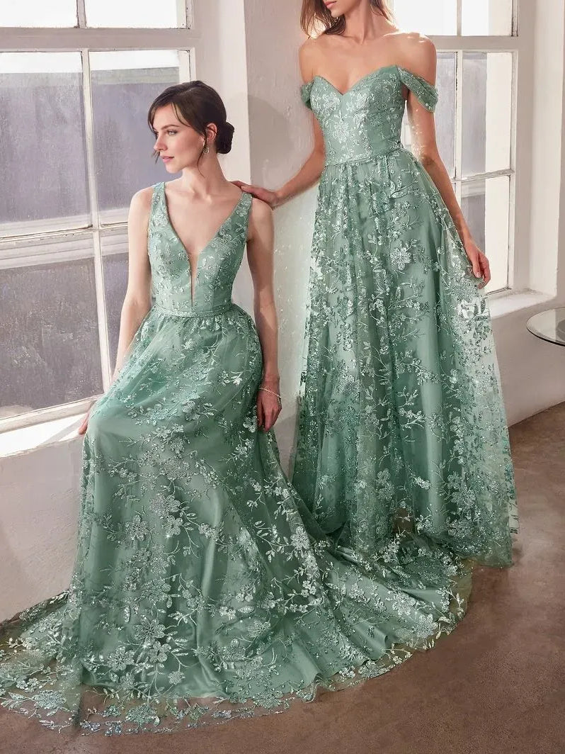 Floral V-neck A-line formal dress in dusty sage green with off-shoulder styling